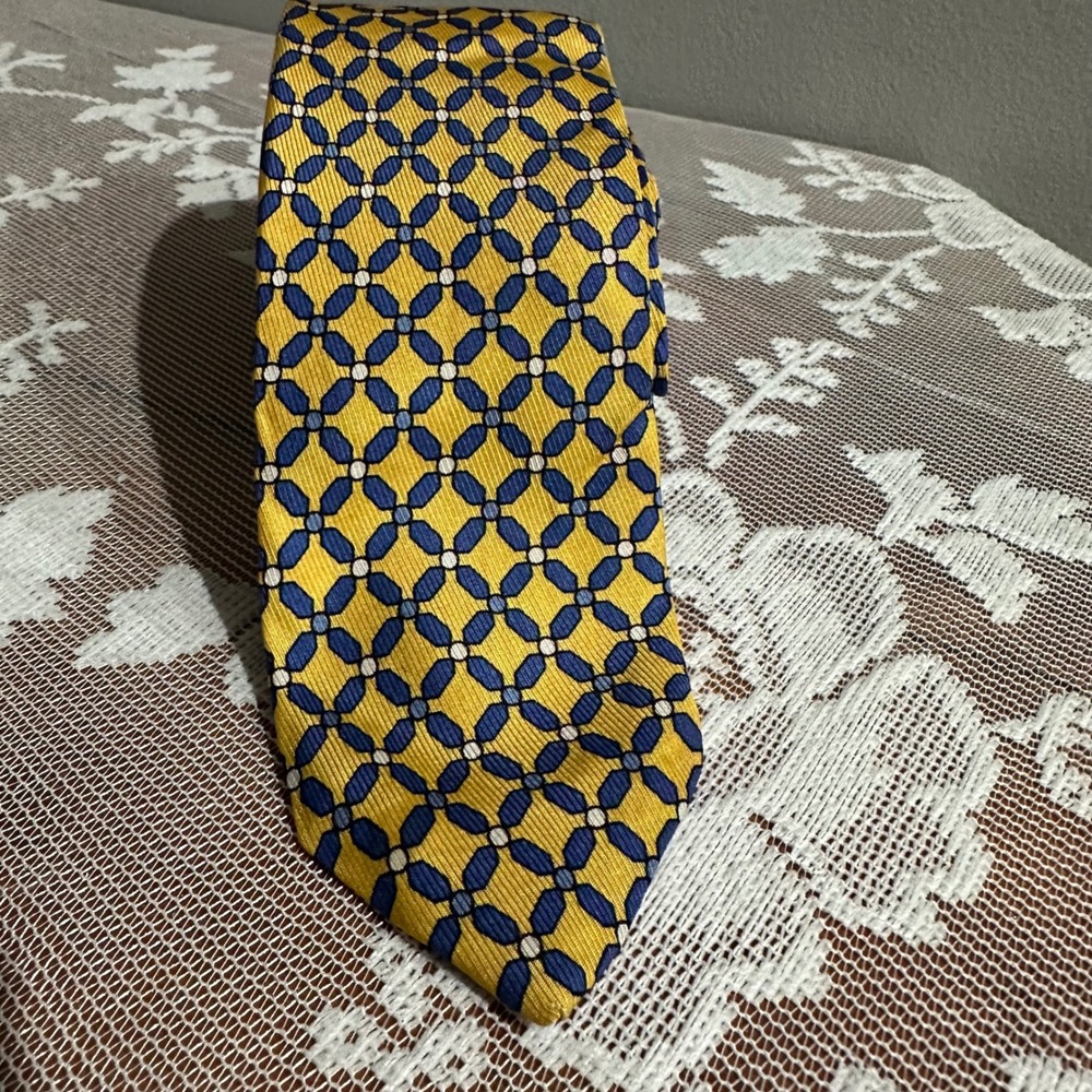 Vintage Turnbull & Asser Necktie OS Yellow Blue Silk Geometric Hand Made England
